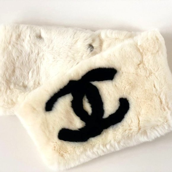 CHANEL, Accessories, Chanel Cc Monogram White Fur Scarf